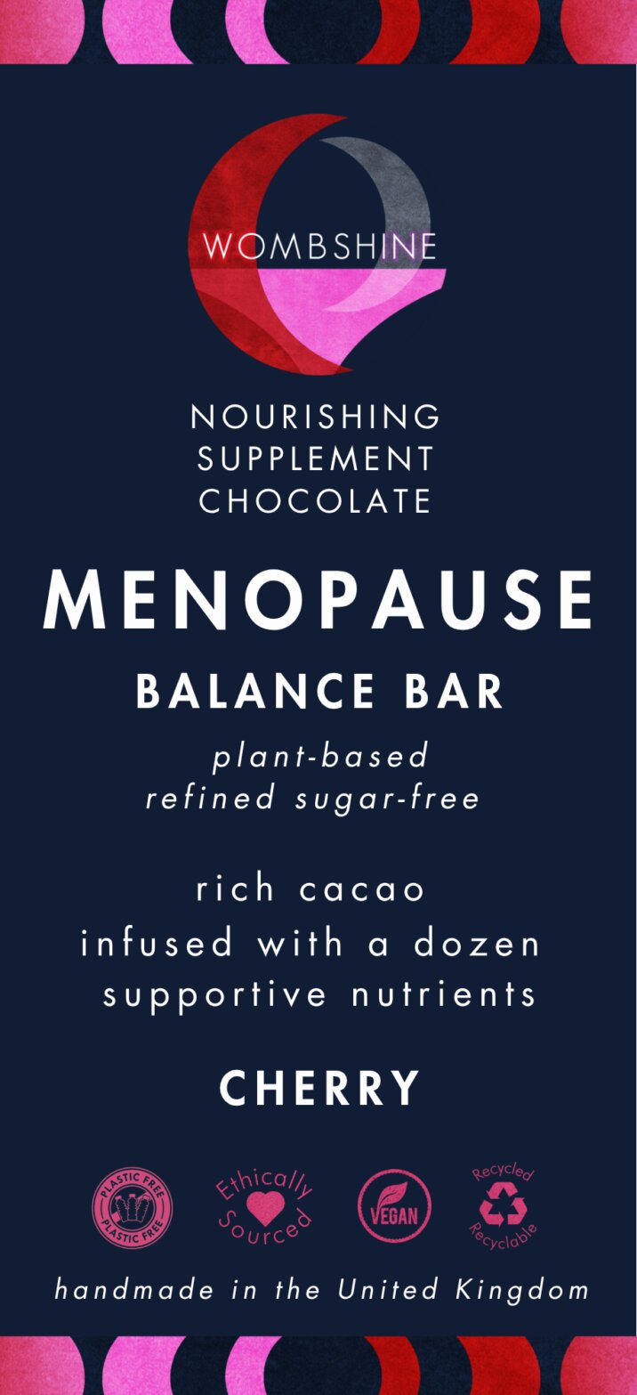 Menopause Balance Bar packaging: midnight blue with the Wombshine moon logo, cherry flavour